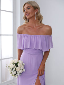 Color=Lavender | A-Line Off Shoulder Ruffle Thigh Split Bridesmaid Dress-Lavender 5