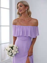 Load image into Gallery viewer, Color=Lavender | Women&#39;S A-Line Off Shoulder Ruffle Thigh Split Bridesmaid Dress-Lavender 5