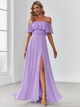 Load image into Gallery viewer, Color=Lavender | Women&#39;S A-Line Off Shoulder Ruffle Thigh Split Bridesmaid Dress-Lavender 1
