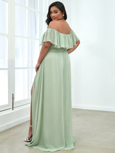 Color=Mint Green | Plus Size Women'S A-Line Off Shoulder Ruffle Thigh Split Bridesmaid Dresses Ep00968-Mint Green 2