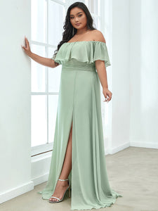 Color=Mint Green | Plus Size Women'S A-Line Off Shoulder Ruffle Thigh Split Bridesmaid Dresses Ep00968-Mint Green 3