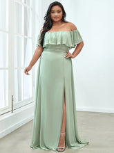 Load image into Gallery viewer, Color=Mint Green | Plus Size Women&#39;S A-Line Off Shoulder Ruffle Thigh Split Bridesmaid Dresses Ep00968-Mint Green 4