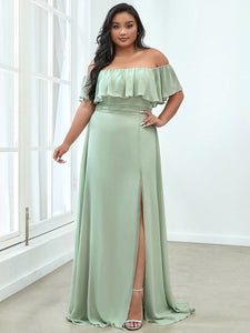 Color=Mint Green | Plus Size Women'S A-Line Off Shoulder Ruffle Thigh Split Bridesmaid Dresses Ep00968-Mint Green 4