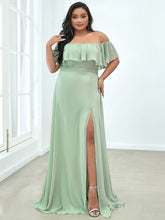 Load image into Gallery viewer, Color=Mint Green | Plus Size Women&#39;S A-Line Off Shoulder Ruffle Thigh Split Bridesmaid Dresses Ep00968-Mint Green 1