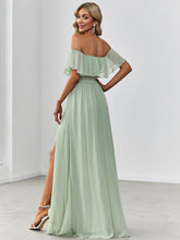 Load image into Gallery viewer, Color=Mint Green | A-Line Off Shoulder Ruffle Thigh Split Bridesmaid Dress-Mint Green 2