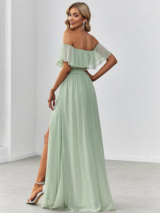 Color=Mint Green | Women'S A-Line Off Shoulder Ruffle Thigh Split Bridesmaid Dress-Mint Green 2
