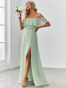 Color=Mint Green | A-Line Off Shoulder Ruffle Thigh Split Bridesmaid Dress-Mint Green 3