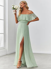 Load image into Gallery viewer, Color=Mint Green | Women&#39;S A-Line Off Shoulder Ruffle Thigh Split Bridesmaid Dress-Mint Green 3