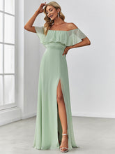 Load image into Gallery viewer, Color=Mint Green | A-Line Off Shoulder Ruffle Thigh Split Bridesmaid Dress-Mint Green 4