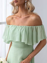 Load image into Gallery viewer, Color=Mint Green | A-Line Off Shoulder Ruffle Thigh Split Bridesmaid Dress-Mint Green 5