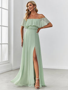 Color=Mint Green | A-Line Off Shoulder Ruffle Thigh Split Bridesmaid Dress-Mint Green 1