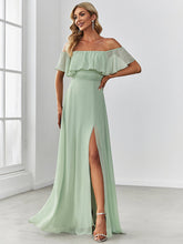 Load image into Gallery viewer, Color=Mint Green | Women&#39;S A-Line Off Shoulder Ruffle Thigh Split Bridesmaid Dress-Mint Green 1