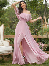 Load image into Gallery viewer, Color=Mauve | A-Line Off Shoulder Ruffle Thigh Split Bridesmaid Dress-Mauve 3