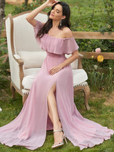 Load image into Gallery viewer, Color=Mauve | A-Line Off Shoulder Ruffle Thigh Split Bridesmaid Dress-Mauve 4