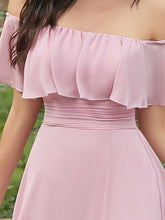 Load image into Gallery viewer, Color=Mauve | A-Line Off Shoulder Ruffle Thigh Split Bridesmaid Dress-Mauve 5