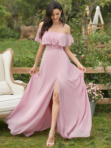 Color=Mauve | A-Line Off Shoulder Ruffle Thigh Split Bridesmaid Dress-Mauve 1