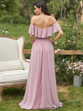 Load image into Gallery viewer, Color=Mauve | A-Line Off Shoulder Ruffle Thigh Split Bridesmaid Dress-Mauve 2