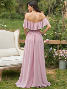 Color=Mauve | A-Line Off Shoulder Ruffle Thigh Split Bridesmaid Dress-Mauve 2