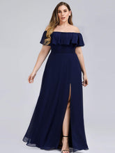 Load image into Gallery viewer, Color=Navy Blue | Plus Size Women&#39;S A-Line Off Shoulder Ruffle Thigh Split Bridesmaid Dresses Ep00968-Navy Blue 3
