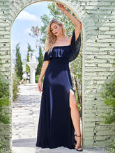 Load image into Gallery viewer, Color=Navy Blue | A-Line Off Shoulder Ruffle Thigh Split Bridesmaid Dress-Navy Blue 1