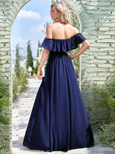 Load image into Gallery viewer, Color=Navy Blue | A-Line Off Shoulder Ruffle Thigh Split Bridesmaid Dress-Navy Blue 2