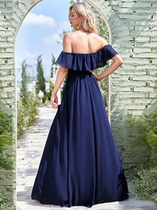 Color=Navy Blue | A-Line Off Shoulder Ruffle Thigh Split Bridesmaid Dress-Navy Blue 2
