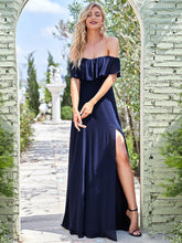 Load image into Gallery viewer, Color=Navy Blue | A-Line Off Shoulder Ruffle Thigh Split Bridesmaid Dress-Navy Blue 4