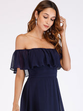 Load image into Gallery viewer, Color=Navy Blue | A-Line Off Shoulder Ruffle Thigh Split Bridesmaid Dress-Navy Blue 5