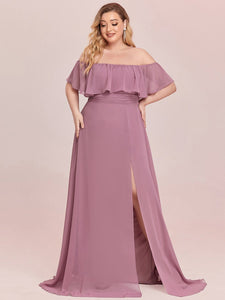 Color=Orchid | Plus Size Women'S A-Line Off Shoulder Ruffle Thigh Split Bridesmaid Dress-Orchid 4