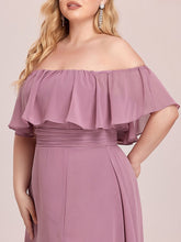 Load image into Gallery viewer, Color=Orchid | Plus Size Women&#39;S A-Line Off Shoulder Ruffle Thigh Split Bridesmaid Dress-Orchid 5