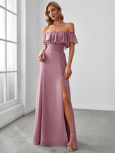 Load image into Gallery viewer, Color=Orchid | A-Line Off Shoulder Ruffle Thigh Split Bridesmaid Dress-Orchid 1