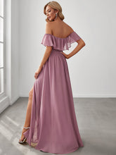 Load image into Gallery viewer, Color=Orchid | A-Line Off Shoulder Ruffle Thigh Split Bridesmaid Dress-Orchid 2