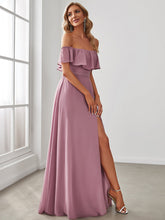 Load image into Gallery viewer, Color=Orchid | A-Line Off Shoulder Ruffle Thigh Split Bridesmaid Dress-Orchid 3