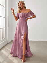 Load image into Gallery viewer, Color=Orchid | A-Line Off Shoulder Ruffle Thigh Split Bridesmaid Dress-Orchid 4