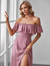 Load image into Gallery viewer, Color=Orchid | A-Line Off Shoulder Ruffle Thigh Split Bridesmaid Dress-Orchid 5