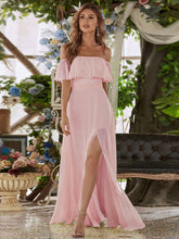 Load image into Gallery viewer, Color=Pink | A-Line Off Shoulder Ruffle Thigh Split Bridesmaid Dress-Pink 2