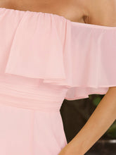 Load image into Gallery viewer, Color=Pink | A-Line Off Shoulder Ruffle Thigh Split Bridesmaid Dress-Pink 5