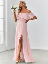 Load image into Gallery viewer, Color=Pink | A-Line Off Shoulder Ruffle Thigh Split Bridesmaid Dress-Pink 1