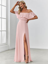 Load image into Gallery viewer, Color=Pink | A-Line Off Shoulder Ruffle Thigh Split Bridesmaid Dress-Pink 4