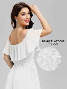 Color=White | A-Line Off Shoulder Ruffle Thigh Split Bridesmaid Dress-White 5