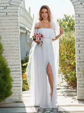 Load image into Gallery viewer, Color=White | Plain Off Shoulder Chiffon Wedding Dress With Side Split-White 3