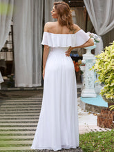 Load image into Gallery viewer, Color=White | A-Line Off Shoulder Ruffle Thigh Split Bridesmaid Dress-White 2