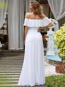Color=White | A-Line Off Shoulder Ruffle Thigh Split Bridesmaid Dress-White 2