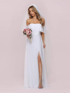 Color=White | Plain Off Shoulder Chiffon Wedding Dress With Side Split-White 5