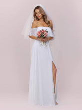 Load image into Gallery viewer, Color=White | Plain Off Shoulder Chiffon Wedding Dress With Side Split-White 7