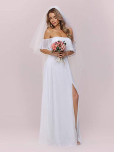 Color=White | Plain Off Shoulder Chiffon Wedding Dress With Side Split-White 7