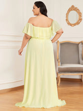 Load image into Gallery viewer, Color=Yellow | Women&#39;S A-Line Off Shoulder Ruffle Thigh Split Bridesmaid Dress-Yellow 2