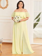 Load image into Gallery viewer, Color=Yellow | Women&#39;S A-Line Off Shoulder Ruffle Thigh Split Bridesmaid Dress-Yellow 4