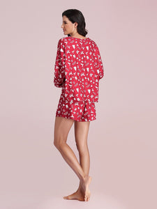 Color=Red | Women's Cute Long Sleeve Printed Loungewear with Shorts-Red 2