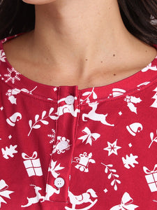 Color=Red | Women's Cute Long Sleeve Printed Loungewear with Shorts-Red 4